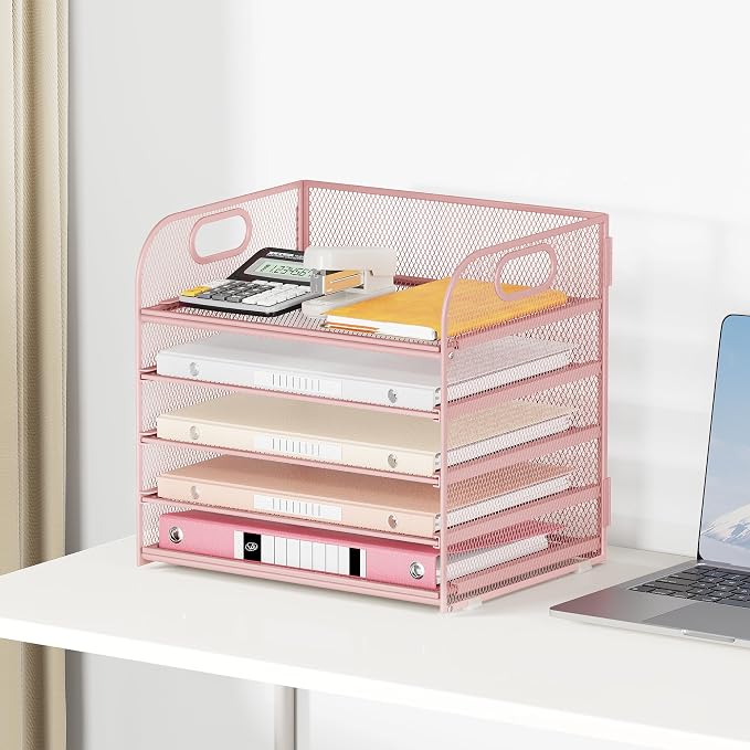 Lavatino Desk Paper Organizer with Handle, 2 Pack 5-Tier Pink Mesh Desk File Folder Holder Letter Tray Sorter Organizer for Office, Home or School - Image 3