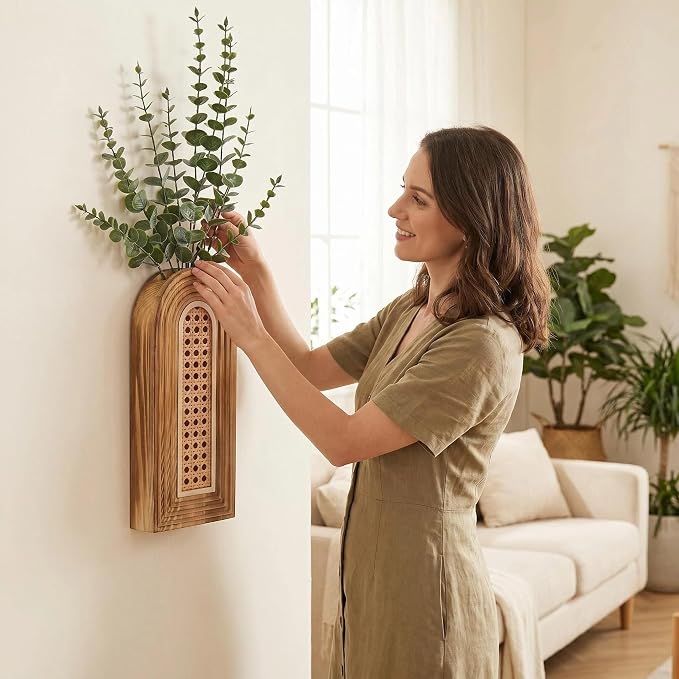 Dnnnii 2 Pack Wooden Wall Vase Set - Brown Finish Hollow Rattan Modern Farmhouse & Boho Wall Decor for Entryway, Hallway, Bathroom, Living Room, Dining Room, Narrow Spaces - Image 6
