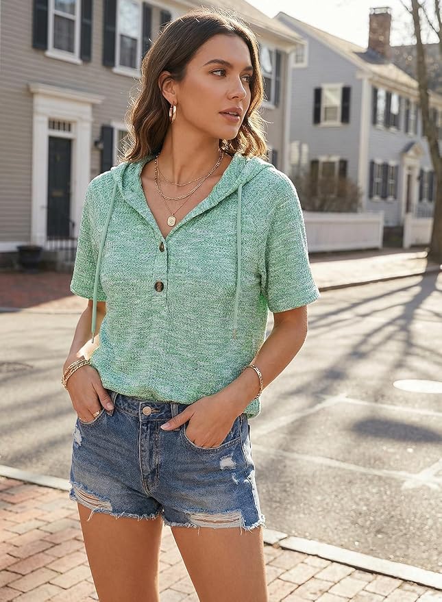 Dokotoo Womens Summer Tops 2026 Short Sleeve Button V Neck Waffle Knit Lightweight Drawstring Hoodies Casual Blouses Shirts - Image 5