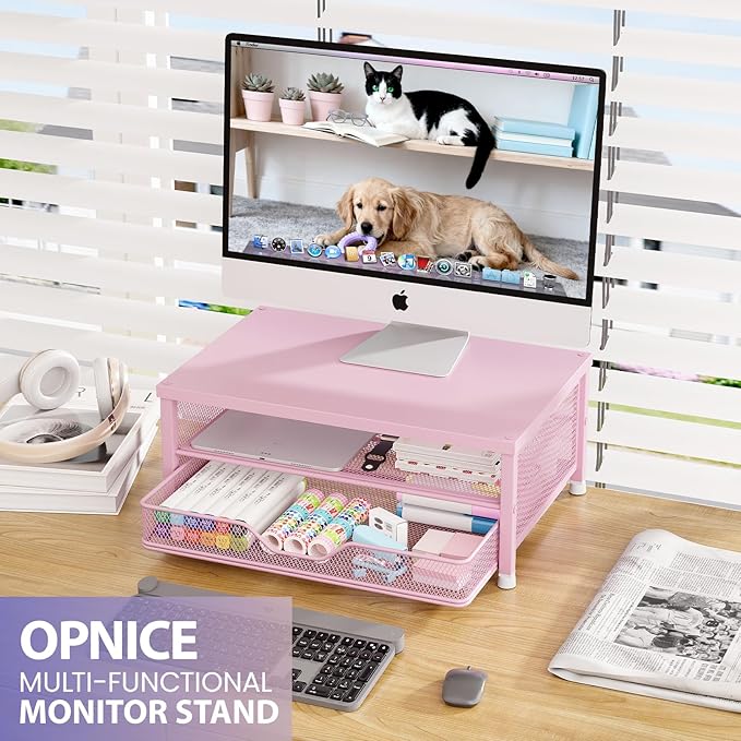 OPNICE Computer Monitor Stand Riser, Desk Organizer with Drawer, Printer & Laptop Stand, Office Desk Accessories & Workspace Desktop Organizers Storage for Office Supplies(Pink) - Image 3