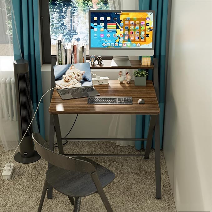 GreenForest Folding Desk No Assembly, Sturdy Computer Desk for Small Spaces | Portable Foldable Table for Laptop, 2-Tier Compact with Shelf, Space Saving for Home Office, Dorm, Apartment, 27"x 22" Walnut - Image 2
