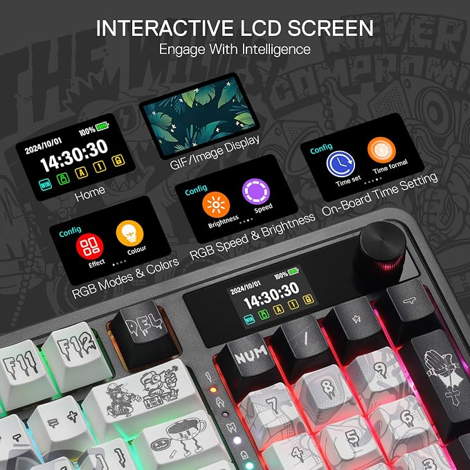 Redragon K719 PRO Wireless 95-Key Gasket Gaming Keyboard, TFT Screen & Knob | Easy-Control LED Info Display, 0-Delay Tri-Mode, Cushioned 5-Layer Noise Dampening for Creamy Thocky Sound, Practical 95 keys - Image 5