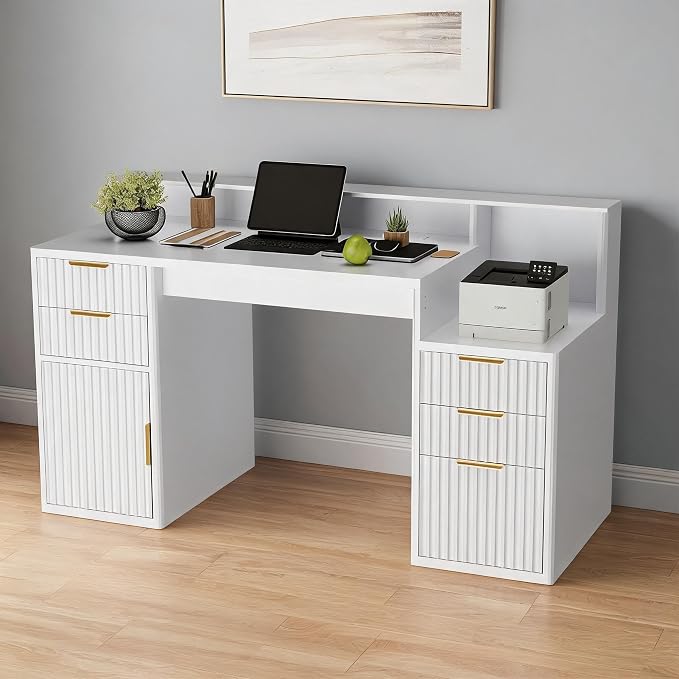 IDEALHOUSE Rectangular Computer Desk with Hutch & Printer Stand, Ripple Door Storage Home Office Desk, Space-Saving Study Writing Desk for Bedroom, Sturdy Board Student Desk with Easy Assembly by IDEALHOUSE