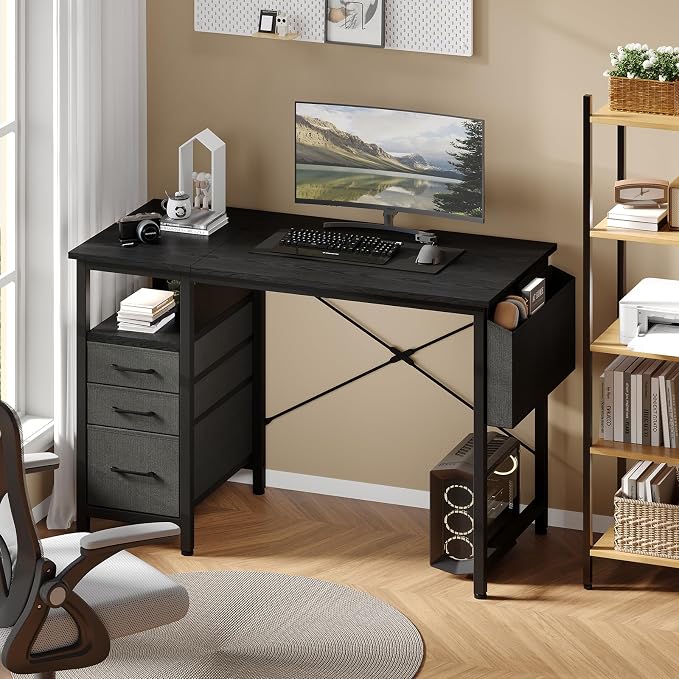 DUMOS 39 Inch Small Computer Desk with Storage, Fabric Drawers | Writing Table, Side Pocket, Space Saving Workstation, Home Office, Gaming Setup, Dorm Apartment, Black - Image 8