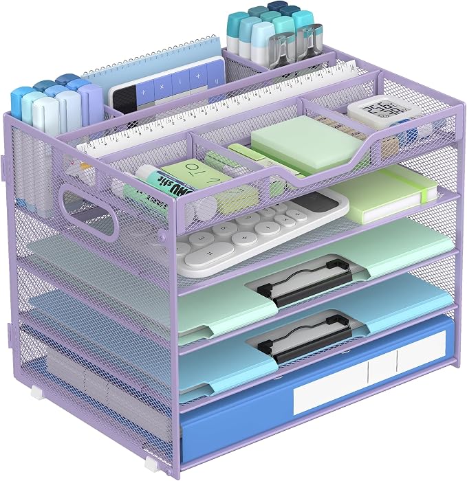 Docnest 5 Tier Mesh Desk Organizer with Removable Tray&Pen Holder, Purple | Features 3 detachable pen holders and 4 removable dividers.Versatile mesh desktop storage for mail, document,office supplie by DocNest