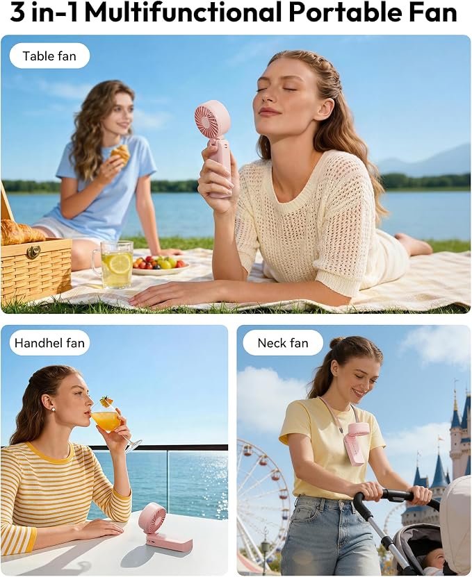 Gaiatop Portable Handheld Fan, 5 Speed Rechargeable Battery Max 18 Working Hours, 3 IN 1 Neck/Desk/Hand Fan Cooling for Travel, Beach, Women/Men Outdoor Activities Gifts - Pink - Image 4