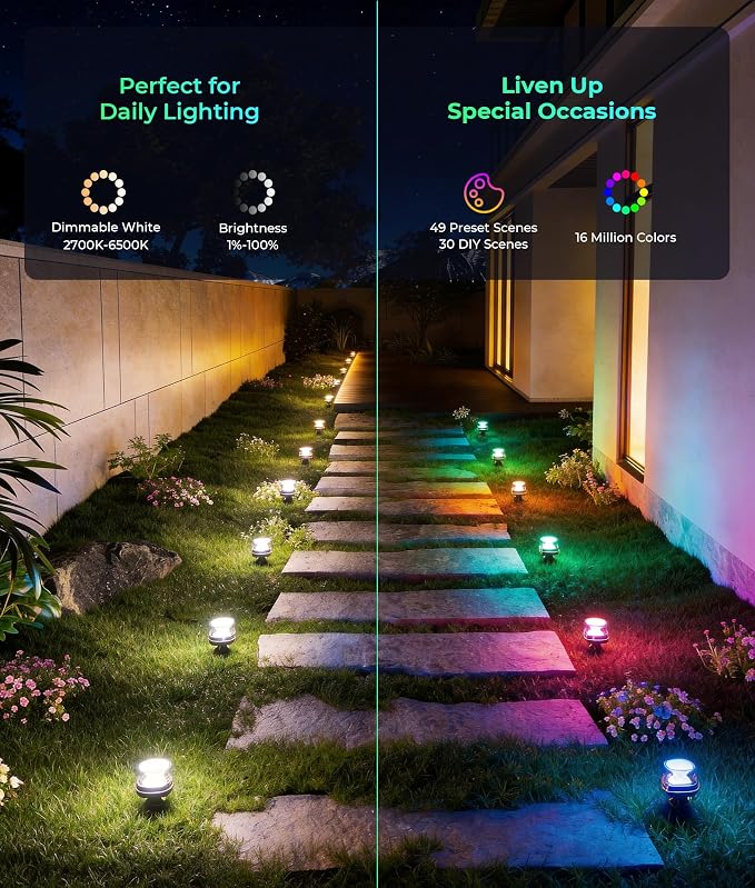 DeckTok 50ft Smart RGBCW LED Outdoor Ground Lights IP67 Waterproof 15 Pack | 100LM Pathway Lights Work with Alexa Google Assistant, Landscape Lighting for Path Yard Lawn Patio Pool Fence & Party Decor - Image 2