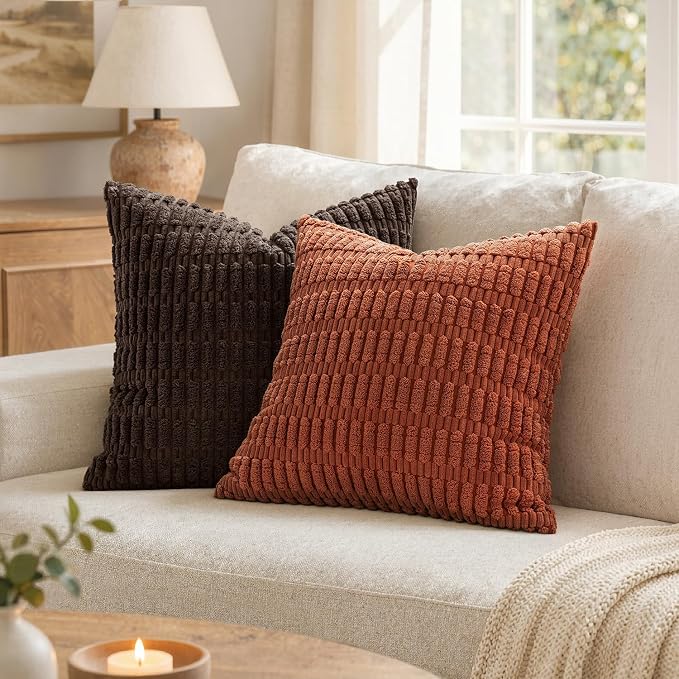 MIULEE Fall Pack of 2 Rust Corduroy Decorative Euro Sham Pillow Covers 24x24 Inch Soft Boho Striped Throw Pillow Covers Modern Farmhouse Home Decor for Sofa Living Room Couch Bed - Image 3