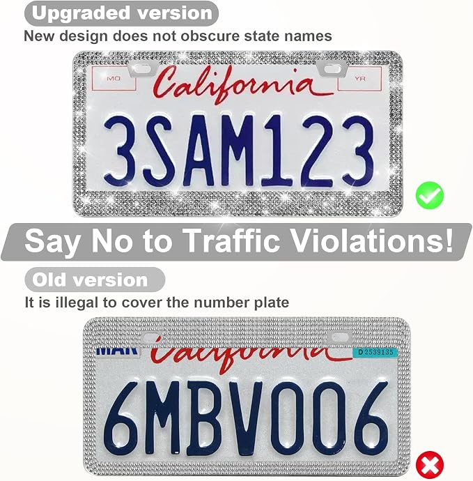 QUANQIUFEI 2 Pack Bling License Plate Frames for Women, Sparkly Rhinestone Diamond Car Accessories with Glitter Crystal Caps (Gilded Black) - Image 2