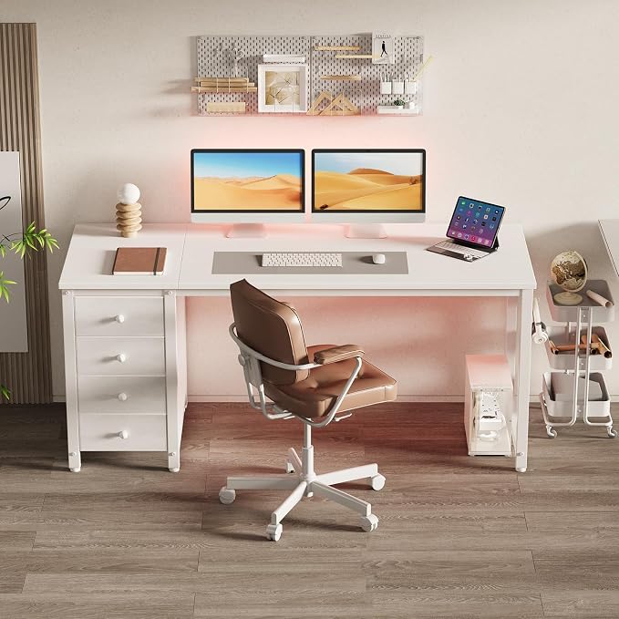 Lufeiya White Computer Desk with Drawers - 55 Inch Long Study Work Writing Desk for Home Office Bedroom, Reversible Simple Modern Cute PC Desks with Fabric Drawer, White - Image 2