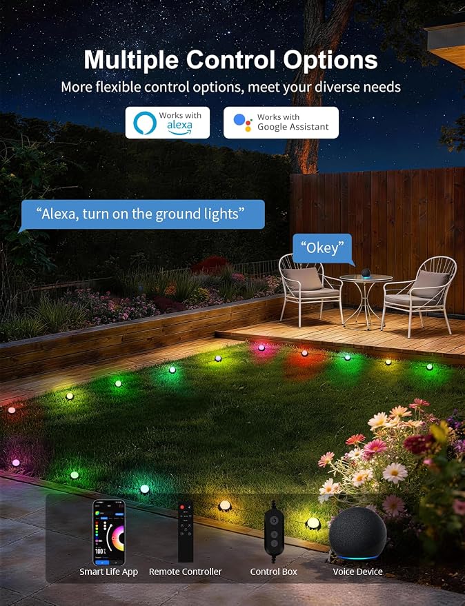 APPECK Outdoor Ground Lights 15 Pack, 32FT RGBCW Pathway Lights Wired | Color Changing Landscape Lights, 2200-6500K CCT, IP65 Waterproof, for Path Garden Lawn, Holiday/Party Decor, Alexa Compatible - Image 7