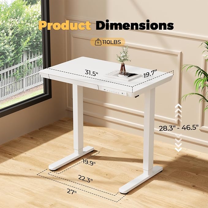 32" Electric Standing Desk with Drawer, Rolling Laptop Desk | Height Adjustable Quick Install One-Piece Tabletop with USB Charging Ports, Sit Stand Computer Desk for Small Space, White - Image 7
