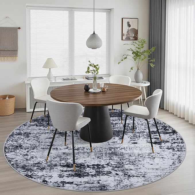 Round Area Rug for Living Room: 5 ft Washable Modern Abstract Soft Thin Rug Indoor Floor No Slip Stain Resistant Carpet for Bedroom Dining Room Farmhouse Nursery Home Office - Black - Image 4