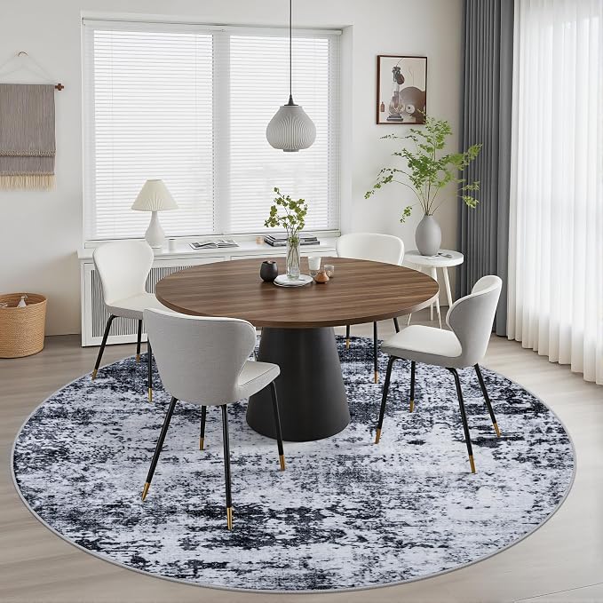 Round Area Rug for Living Room: 6 ft Washable Modern Abstract Soft Thin Rug Indoor Floor No Slip Stain Resistant Carpet for Bedroom Dining Room Farmhouse Nursery Home Office - Black - Image 3