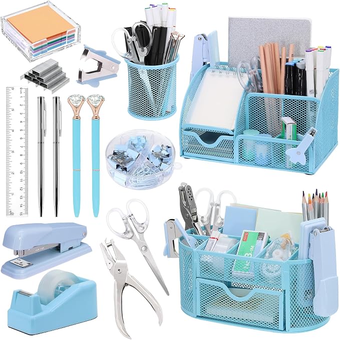 17 in 1 Blue Desk Organizers and Accessories Set, 3 Office Desk Supplies Storage Organization, 4 Pens, Stapler, Staples & Remover, Tape & Dispenser, Scissors, Ruler, Clips, Hole Punch, Back to School by Froidesente