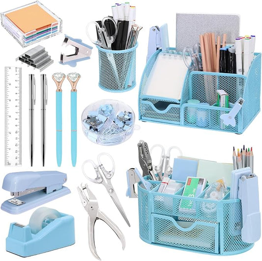 17 in 1 Blue Desk Organizers and Accessories Set, 3 Office Desk Supplies Storage Organization, 4 Pens, Stapler, Staples & Remover, Tape & Dispenser, Scissors, Ruler, Clips, Hole Punch, Back to School by Froidesente