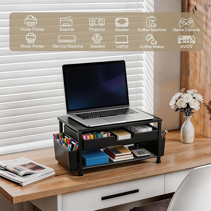 Printer Stand for Desk, Desk Organizer with Storage, Desktop Printer Table for Home Office, Multi-Purpose for Home Printer, Fax Machine, Scanner, Die-Cut Machine (Black) - Image 3