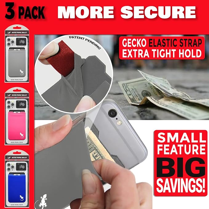 Phone Wallet - Adhesive Card Holder - Cell Phone Pouch - Stick on Lycra Pocket by Gecko - Carry Credit Cards and Cash - Image 9