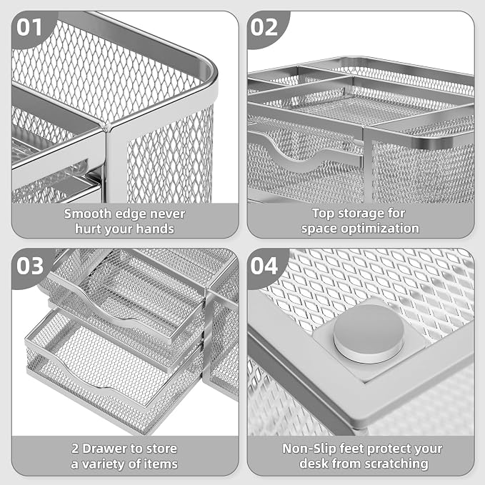 Marbrasse Mesh Desk Organizer, Pen Organizer with 2 Drawer, Multi-Functional Pencil Holder, Desk Organizers and Accessories with 5 Compartments + Drawer for Office Art Supplies (Silver) - Image 6