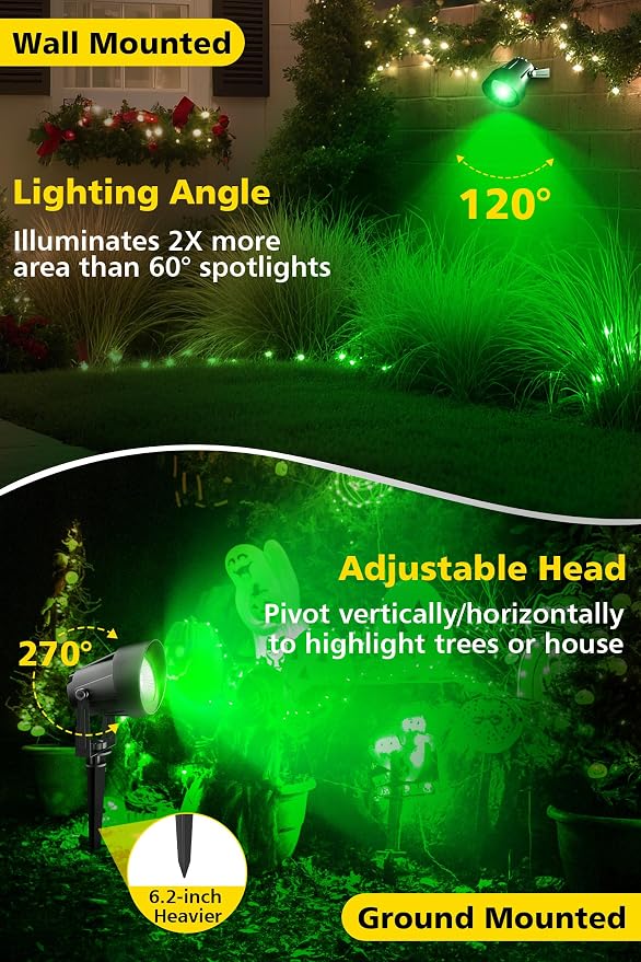 T-SUN Green Spotlight Outdoor, Waterproof LED Landscape Lighting with US Plug, Easy Install 270° Adjustable Outdoor Spot Lights for Garden Tree Yard Decor - Image 6