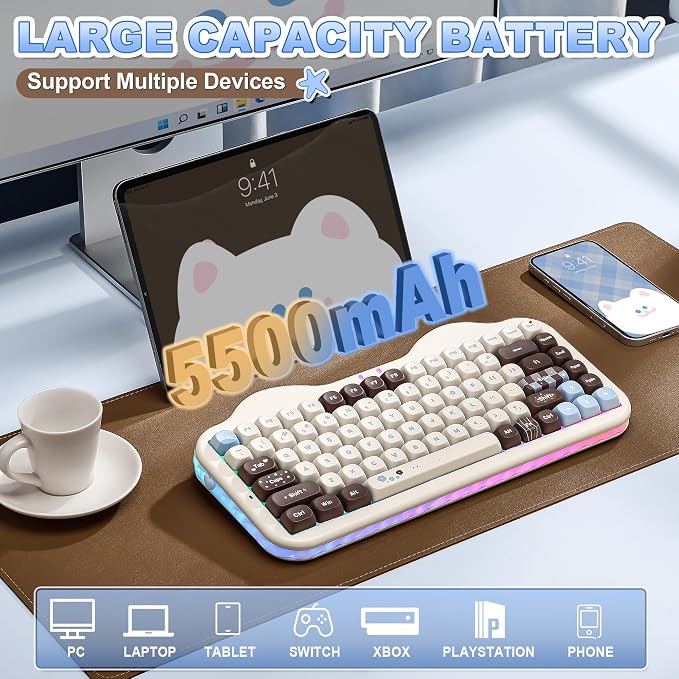 YUNZII C75 Cute 75% Wireless Mechanical Keyboard (Choco, Milk V2 Switch) | Creamy Cake Keyboard, BT5.0/2.4G/USB-C, Hot-Swap, NKRO, PBT MOA Keycaps,5500mAh RGB Gasket Mount for Mac/Win/Gaming/Office - Image 7