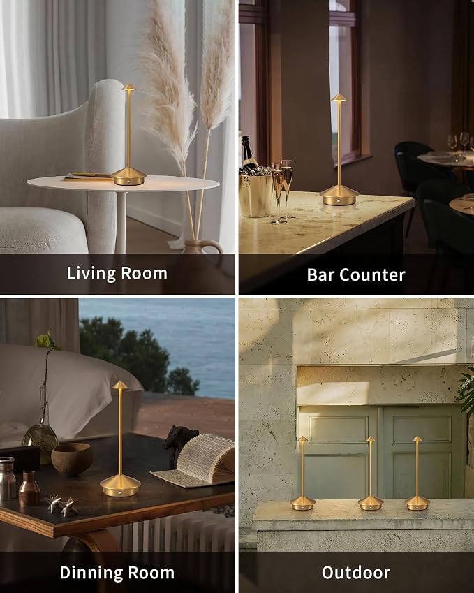 Modern Cordless Table Lamp Set of 2, Gold Portable LED Desk Lamps | 5000mAh, Rechargeable, Battery Operated Lighting for Bedroom, Dining Room, Restaurant, Coffee Shop, Camping, Night Light - Image 6