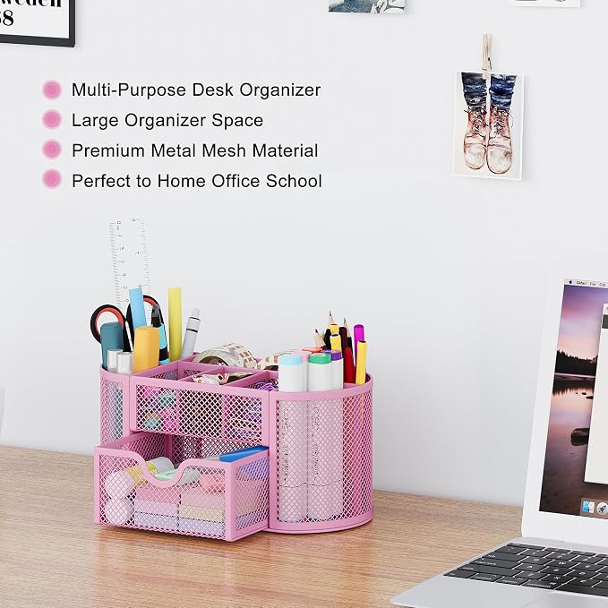 EasyPAG Mesh Pen Holder Desk Organizer with Drawer Stationery Supplies Organizer for Dorm School 9 Compartments Workspace Desk Accessories Organization for Office, Light Pink - Image 2