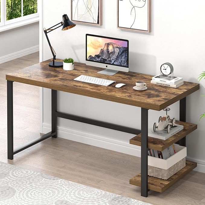 EXCEFUR Modern Computer Desk, Home Office Desk with Storage Shelf, Wood Study Writing Table Workstation for Bedroom Living Room, Rustic Brown, 53 Inch by EXCEFUR