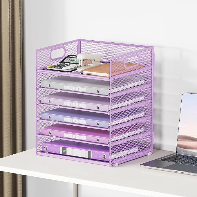 6 Tiers Letter Tray Paper Organizer with Handle, Mesh Desk File Organizer, Metal Desktop Document Shelf Organization, Paper Sorter Organizer for Office, Home or School File Folder Holder - Purple - Image 6
