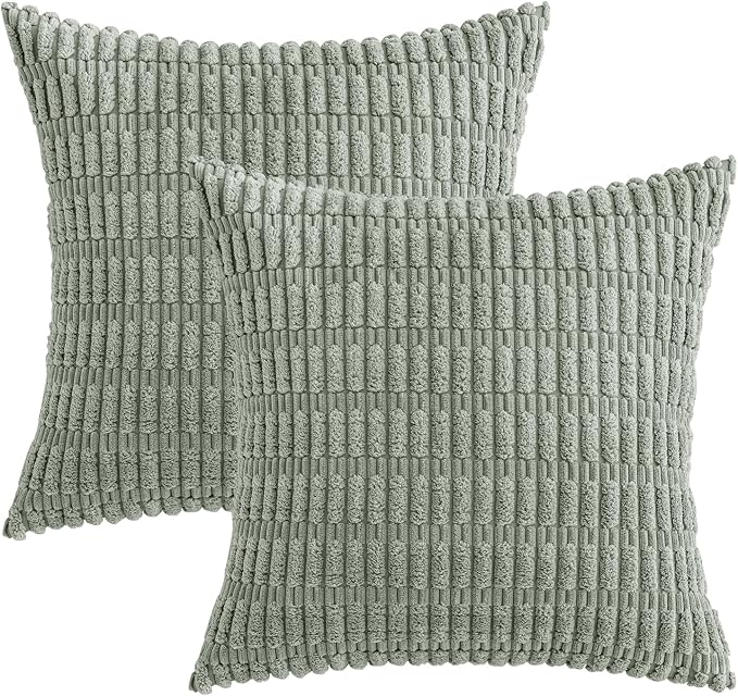 MIULEE Pack of 2 Spring Corduroy Decorative Throw Pillow Covers 20x20 Inch Soft Boho Striped Pillow Covers Modern Farmhouse Home Decor for Summer Sofa Living Room Couch Bed Greyish Green - Image 6