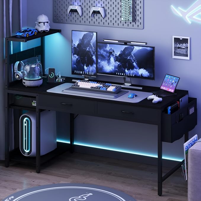 48 Inch Small Gaming Desk with Drawers & Led Lights & Storage Bag, Black | Reversible Storage Shelf, Power Outlets, Wood Grain Gaming Table, Compact Computer Desk for Small Space, Bedroom, Home Office - Image 2