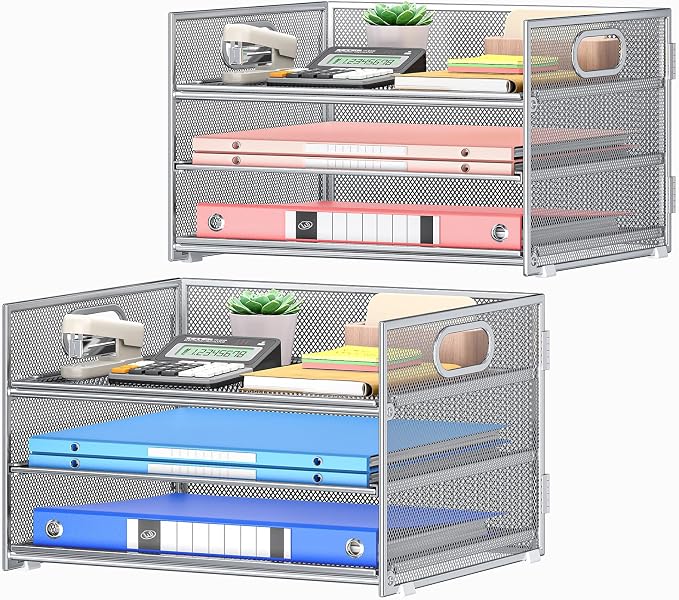 Subekyu 2-Pack 3-Tier Silver Metal Mesh Desk Paper Letter Tray & File Sorter Organizer with Handle + 1 Sliding Tray for Desk, Home, Office, School Supplies, A4 Paper and Accessories Storage by SUBEKYU