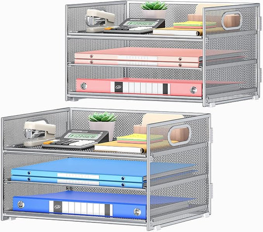 Subekyu 2-Pack 3-Tier Silver Metal Mesh Desk Paper Letter Tray & File Sorter Organizer with Handle + 1 Sliding Tray for Desk, Home, Office, School Supplies, A4 Paper and Accessories Storage by SUBEKYU
