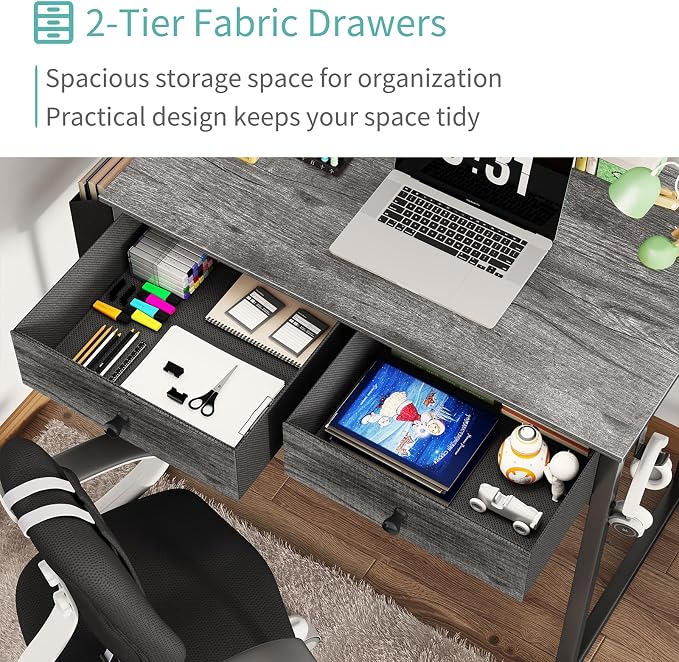 Lufeiya Small Desk with Drawers - for Bedroom, 32 Inch Home Office Computer Desk with Fabric Storage Drawer and Bag, Study Writing Table for Small Spaces, Gray - Image 5
