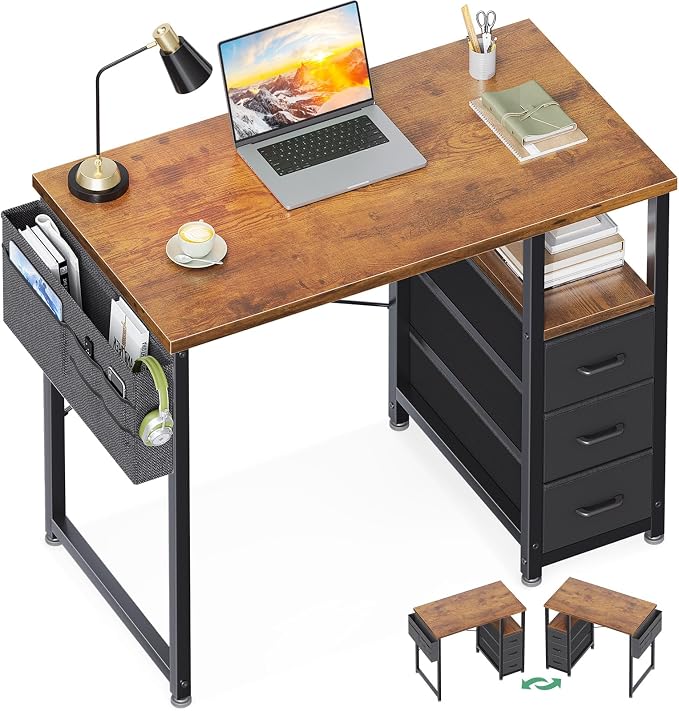 AODK 32 Inch Small Computer Desk with Fabric Drawers, Vintage | Mini Desk with Storage Shelf & Bag, Kids Study Desk for Bedroom, Home Office Desk for Small Space by AODK
