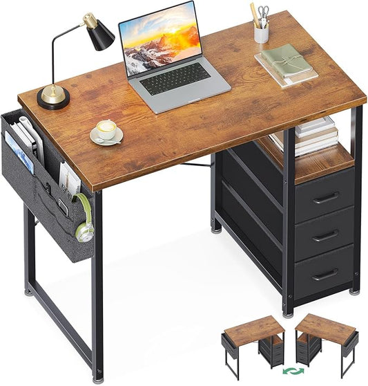 AODK 32 Inch Small Computer Desk with Fabric Drawers, Vintage | Mini Desk with Storage Shelf & Bag, Kids Study Desk for Bedroom, Home Office Desk for Small Space by AODK