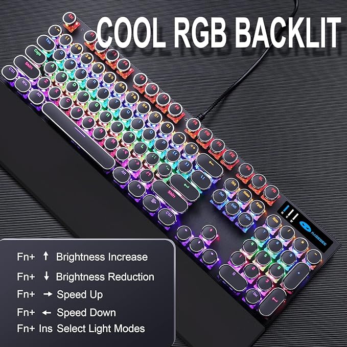 Camiysn Typewriter Style Mechanical Gaming Keyboard, Black Retro Punk Gaming Keyboard with RGB Backlit, 104 Keys Blue Switch Wired Cute Keyboards, Round Keycaps for Windows/Mac/PC - Image 3