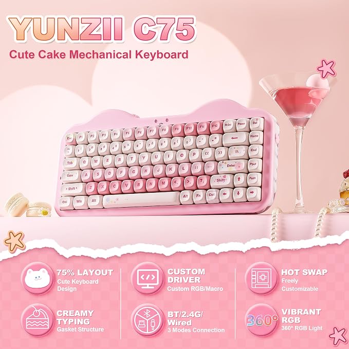 YUNZII C75 Cute 75% Wireless Mechanical Keyboard (Pink, Milk Switch) | Creamy Cake Keyboard, BT5.0/2.4G/USB-C, Hot-Swap, NKRO, PBT MOA Keycaps,5500mAh RGB Gasket Mount for Mac/Win/Gaming/Office - Image 2