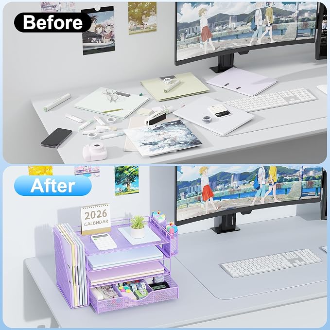 gianotter Desk Organizers and Accessories with File Holder, 4-Tier Desk Accessories & Workspace Organizers with Drawer and 2 Pen Holder, Paper Organizer for Office Supplies (Purple) - Image 2