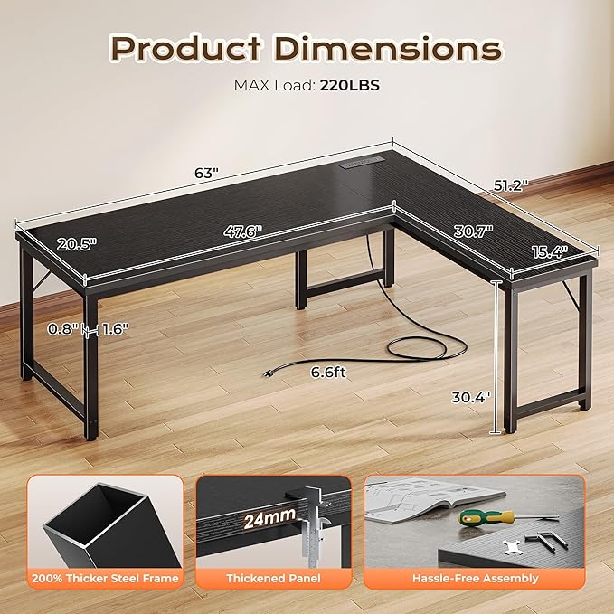 Huuger 63 Inch L Shaped Desk with Power Outlets and USB-C Port, Reversible Computer Desk, Larger Office Corner Gaming Desk, 0.95 Inch Thicker Desktop, Metal Frame, for Home Office, Study, Black - Image 3
