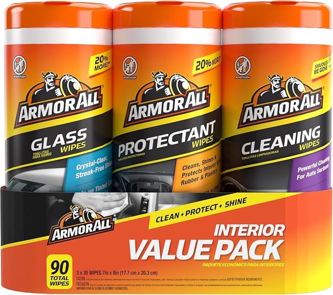 Armor All Car Interior Value Pack, 90 Count, Includes Auto Glass Cleaner, Cleaning Wipes and Protectant Wipes by ArmorAll