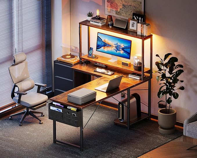 AODK L Shaped Desk Gaming Desk with LED Light & Power Outlet | 53 Inch Vintage Reversible L Shaped Computer Table with Shelf & Storage Bag & Hook for Home Office - Image 7
