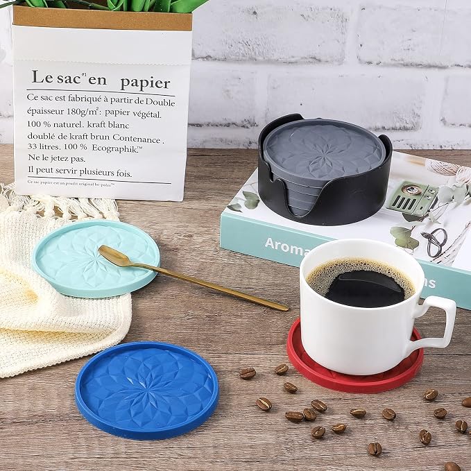 ME.FAN Silicone Coasters with Holder,[6 Pack] Drinking Coasters - Cup Mat for Hot or Cold Drinks, Thickened, Non-Slip, Non-stick,Deep Tray Wine Red - Image 8