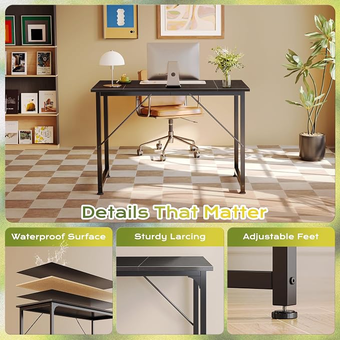 PRAISUN 40 Inch Computer Desk, Home Office Desk with Spacious Desktop, Black - Image 6