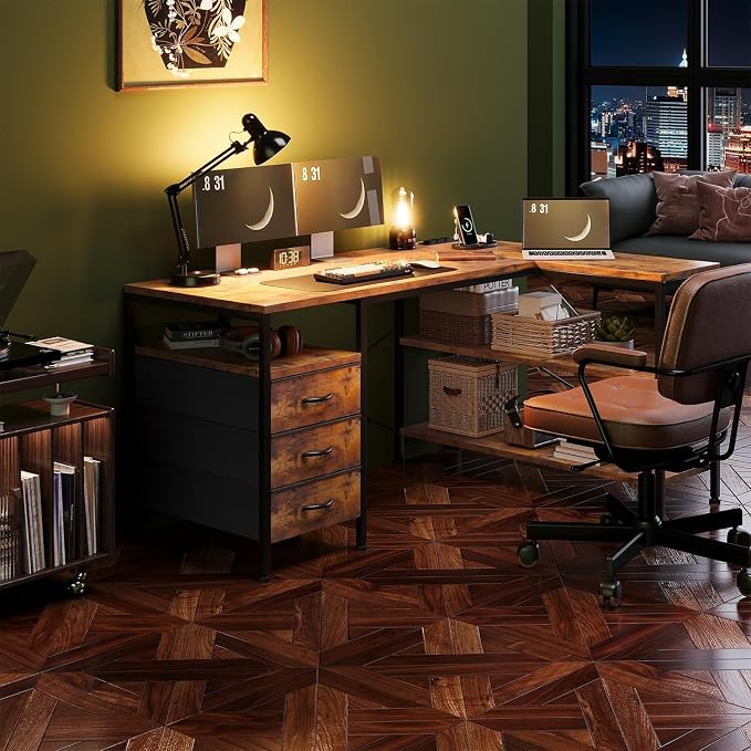 Alpen L Shaped Computer Desk, 47 Inch Corner Desk with Drawers and Power Outlets, Home Office Desk for Gaming, Study Writing PC Table with Storage and Reversible Shelf, Rustic Brown - Image 2