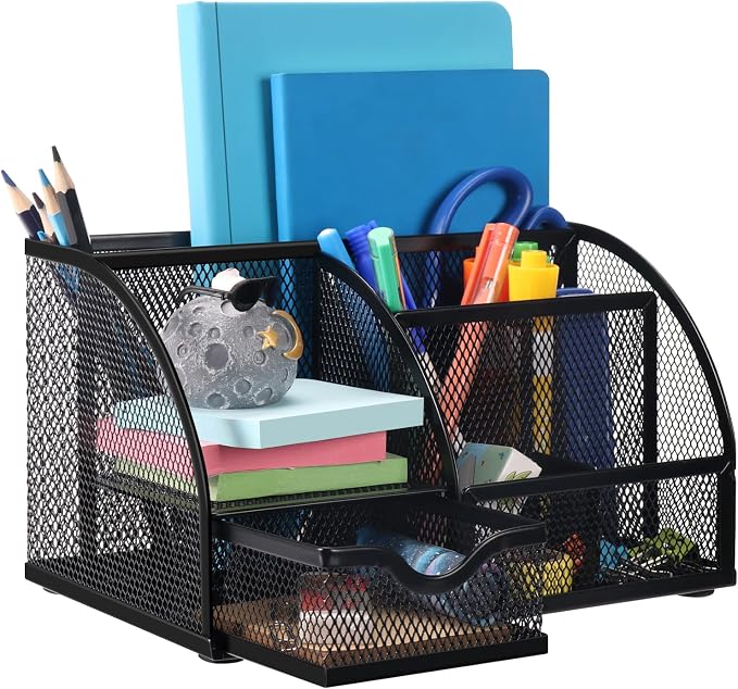 Comix Mesh Pen Pencil Holder Desk Organizer, 7 Compartment Wire Desktop Pen Pencil Cup Caddy Office Supplies for Home Office School, Black by Comix