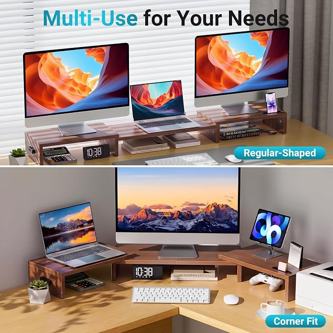 BONTEC Triple Monitor Stand Riser with Smartphone Holder, Walnut | Adjustable Length & Swivel Angle, Ergonomic Wooden Desktop Organizer for PC Monitor, Laptop, Printer, Large Storage, 53.3 in - Image 7