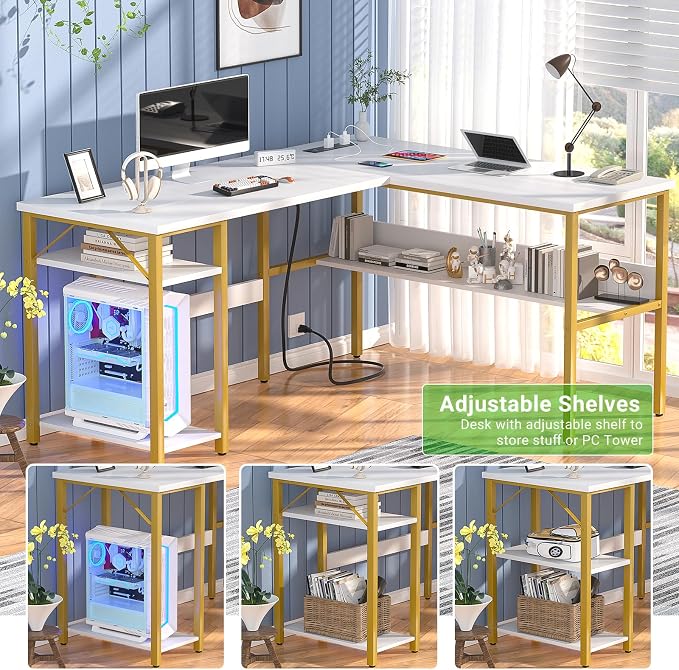 Unikito Reversible L Shaped Desk with Magic Power Outlets and USB Charging Ports, Sturdy Corner Computer Desk with Storage Shelves, Gaming Table Home Office Desk, Easy to Assemble, White and Gold - Image 6