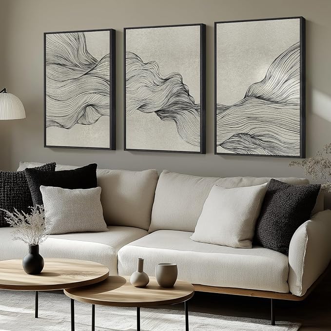 Large Framed Neutral Modern Abstract Wall Art, 3 Piece Black and Beige Canvas Prints Paintings Artwork for Walls, Minimalist Line Pictures for Living Room Hallway Office Wall Decor -Total 30x60 Inch - Image 2