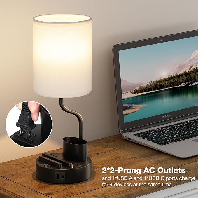 Fenmzee Bedside Lamps for Bedroom Set of 2 - Table Desk Lamp for Nightstand | 15" Table Lamp for Living Room with Pen Holder & Phone Stand, USB A+C Port, AC Outlet, 3 Color Temperature, LED Bulb Included - Image 5